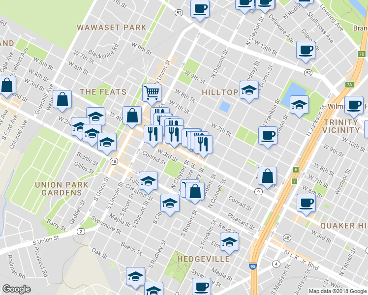 map of restaurants, bars, coffee shops, grocery stores, and more near 1623 West 4th Street in Wilmington