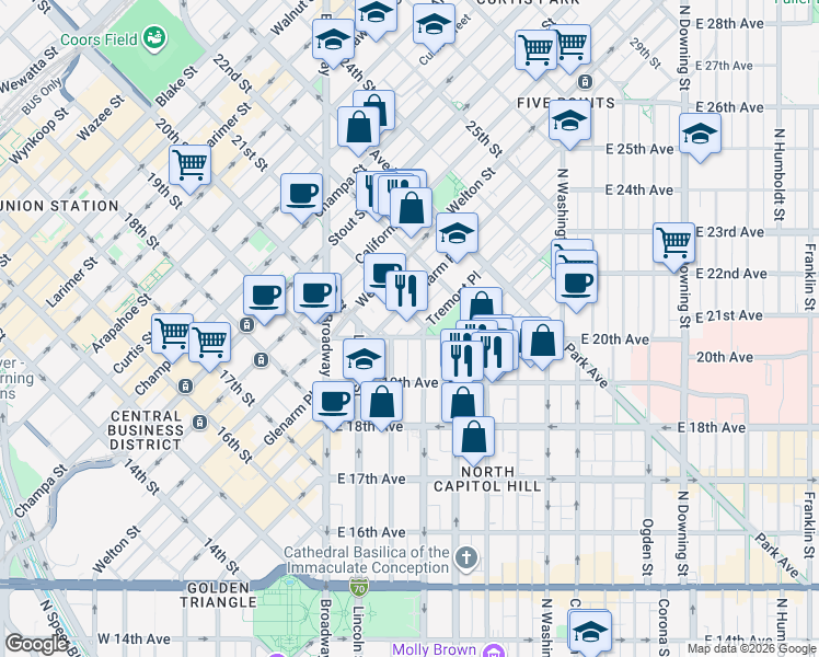 map of restaurants, bars, coffee shops, grocery stores, and more near 2127 Tremont Place in Denver