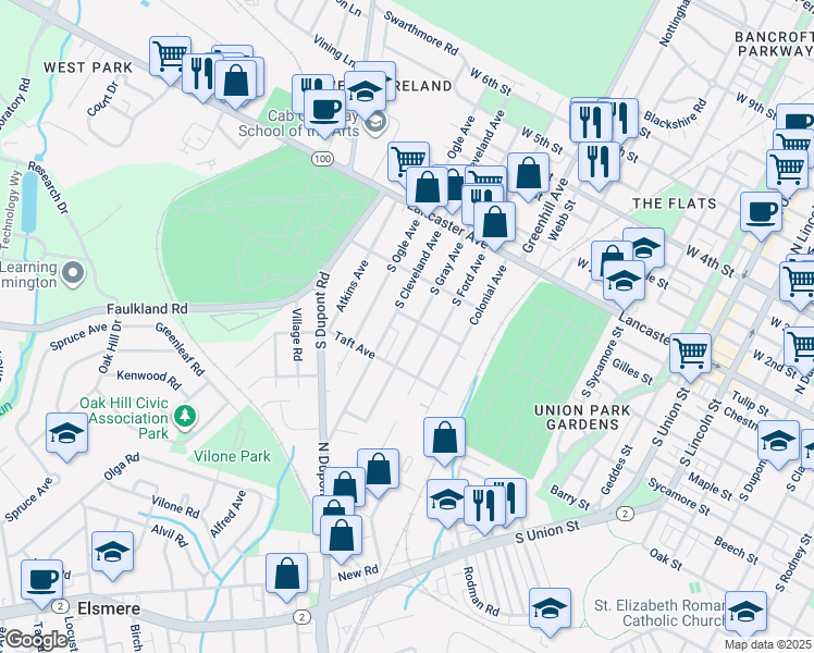 map of restaurants, bars, coffee shops, grocery stores, and more near 203 South Gray Avenue in Wilmington
