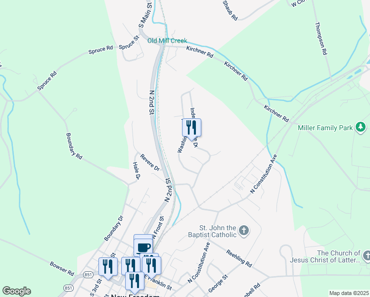 map of restaurants, bars, coffee shops, grocery stores, and more near 16 Washington Road in New Freedom