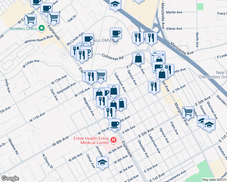 map of restaurants, bars, coffee shops, grocery stores, and more near 1928 Oleander Avenue in Chico