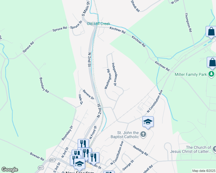 map of restaurants, bars, coffee shops, grocery stores, and more near 16 Washington Road in New Freedom