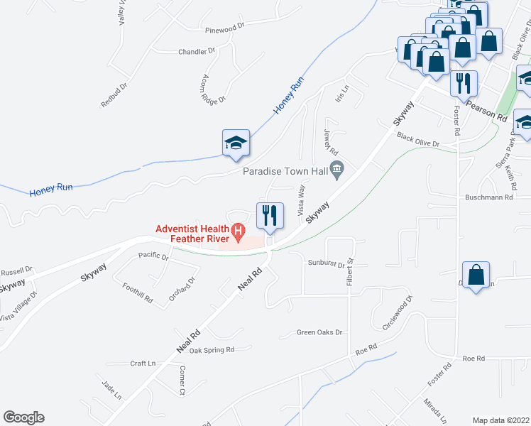 map of restaurants, bars, coffee shops, grocery stores, and more near Connie Circle & Schmale Lane in Paradise