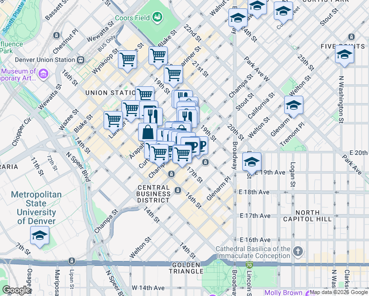 map of restaurants, bars, coffee shops, grocery stores, and more near 1776 Curtis Street in Denver