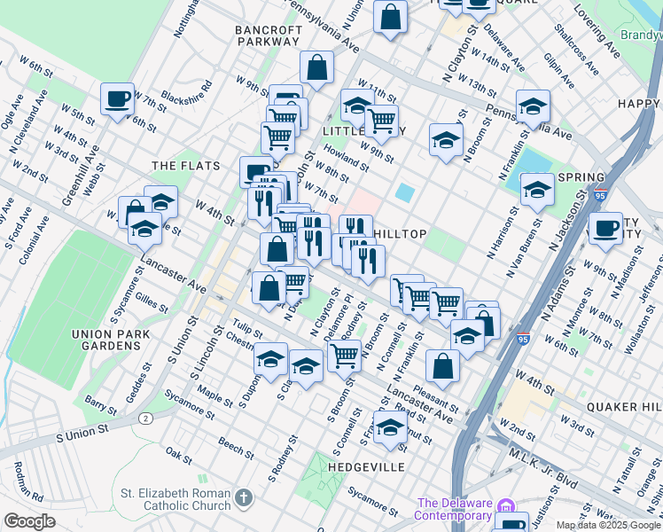 map of restaurants, bars, coffee shops, grocery stores, and more near 1623 West 4th Street in Wilmington