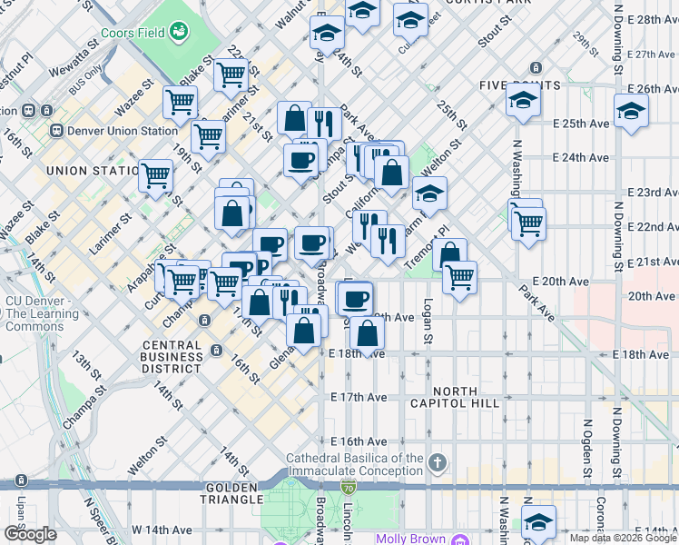 map of restaurants, bars, coffee shops, grocery stores, and more near 2001 Lincoln Street in Denver