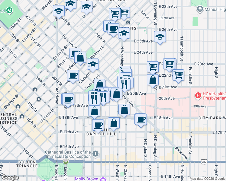 map of restaurants, bars, coffee shops, grocery stores, and more near 2350 Cleveland Place in Denver