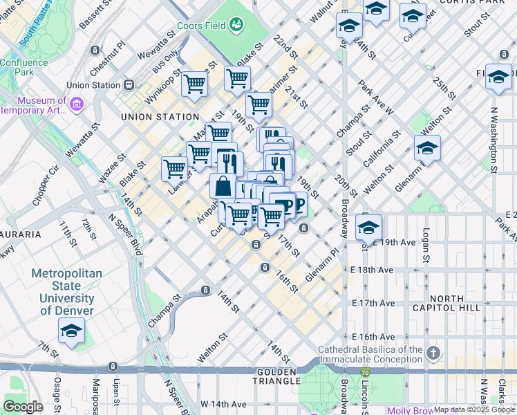 map of restaurants, bars, coffee shops, grocery stores, and more near 1776 Curtis Street in Denver