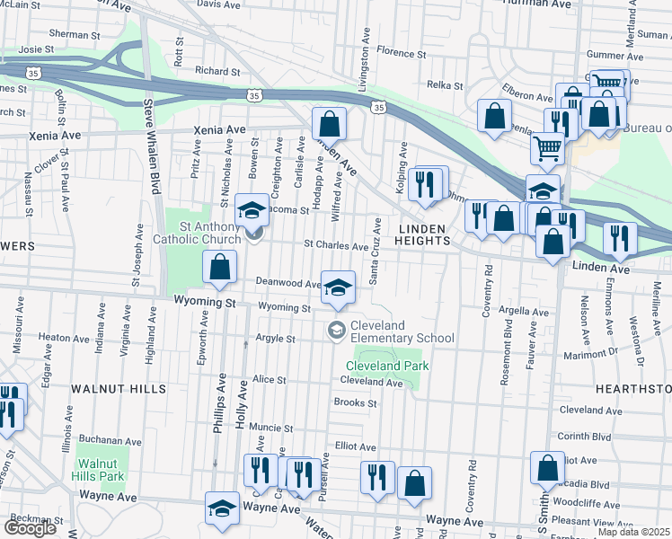 map of restaurants, bars, coffee shops, grocery stores, and more near 834 Wilfred Avenue in Dayton