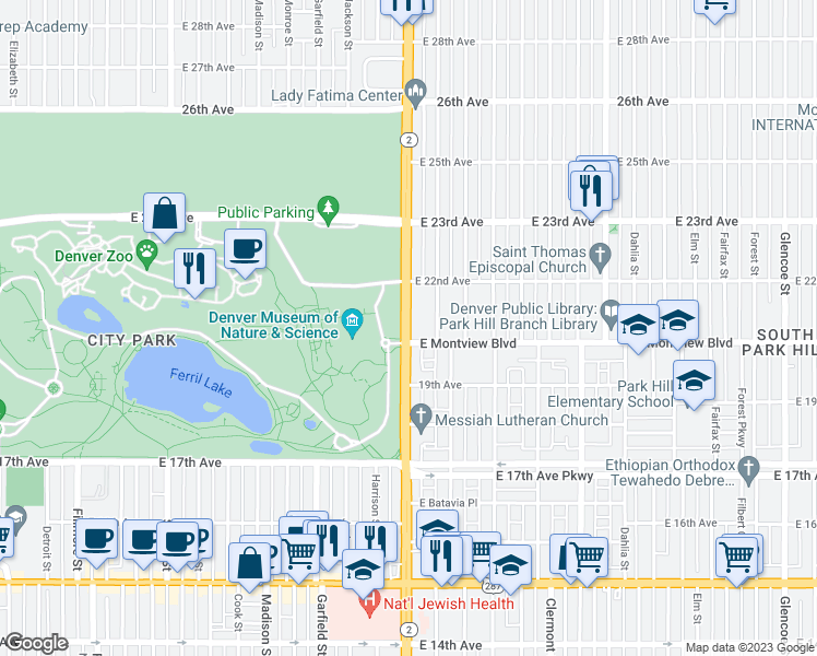 map of restaurants, bars, coffee shops, grocery stores, and more near 2042 Highway 2 in Denver