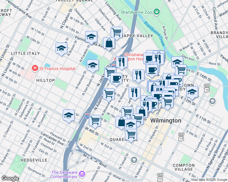 map of restaurants, bars, coffee shops, grocery stores, and more near in Wilmington