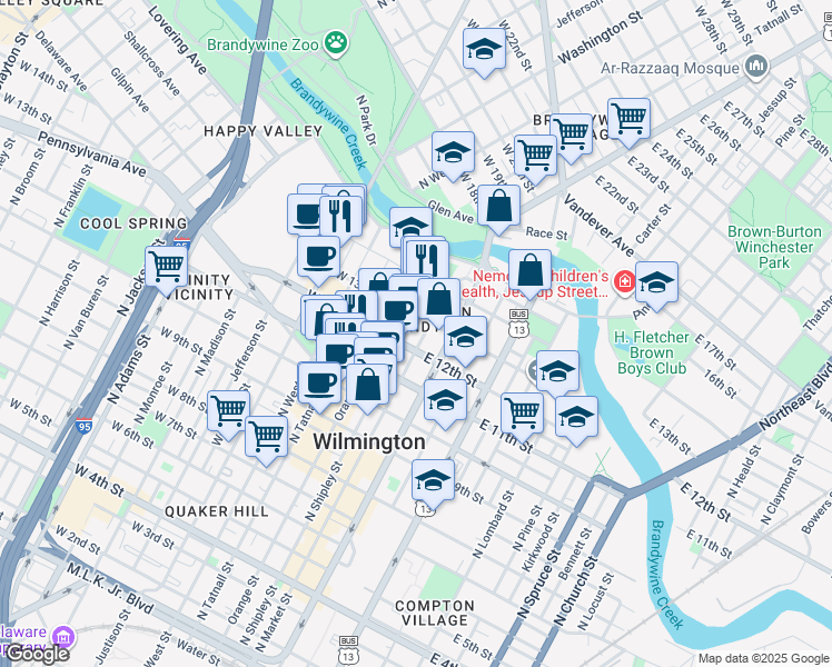 map of restaurants, bars, coffee shops, grocery stores, and more near in Wilmington