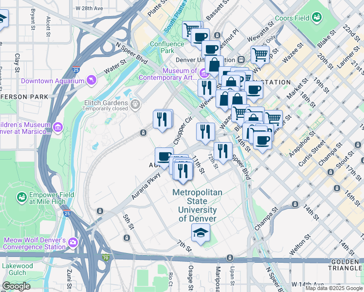 map of restaurants, bars, coffee shops, grocery stores, and more near 1501 11th Street in Denver