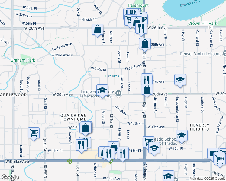 map of restaurants, bars, coffee shops, grocery stores, and more near 2085 Miller Street in Lakewood