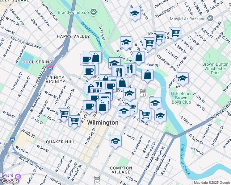 map of restaurants, bars, coffee shops, grocery stores, and more near 1201 North Market Street in Wilmington