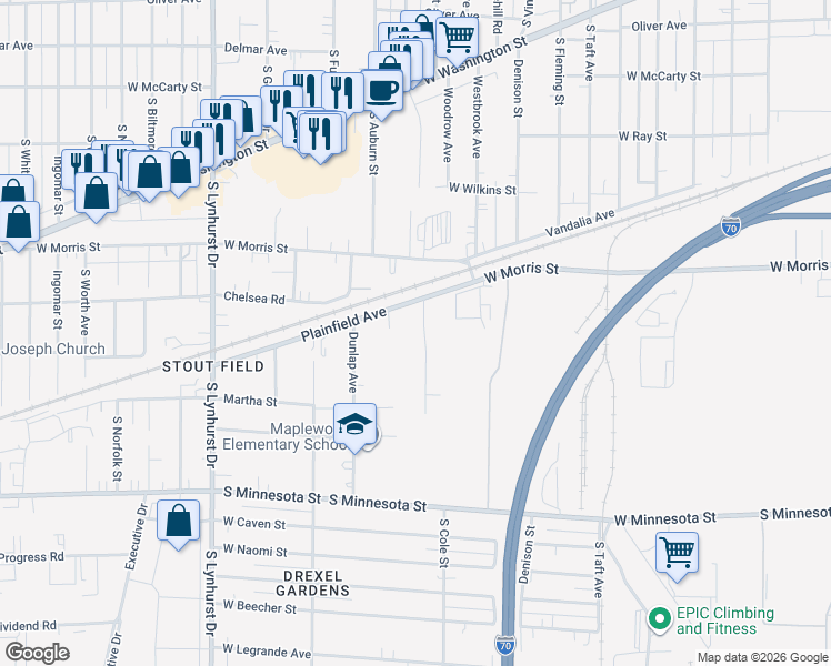 map of restaurants, bars, coffee shops, grocery stores, and more near 4807 Plainfield Avenue in Indianapolis