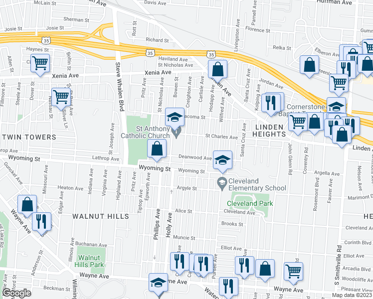 map of restaurants, bars, coffee shops, grocery stores, and more near 840 Creighton Avenue in Dayton