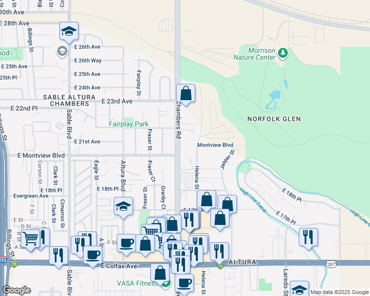 map of restaurants, bars, coffee shops, grocery stores, and more near 2070 Chambers Road in Aurora