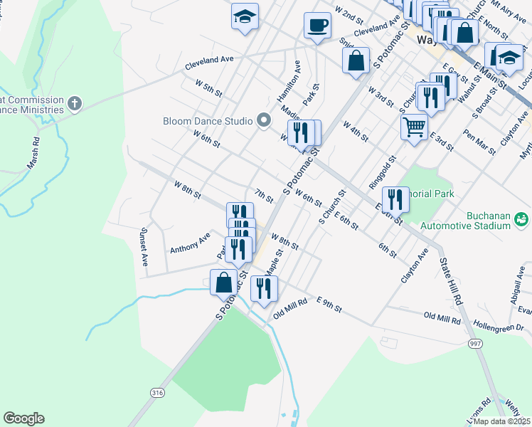 map of restaurants, bars, coffee shops, grocery stores, and more near 600 South Potomac Street in Waynesboro