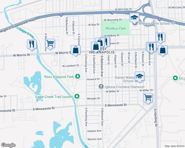 map of restaurants, bars, coffee shops, grocery stores, and more near 1346 South Sheffield Avenue in Indianapolis