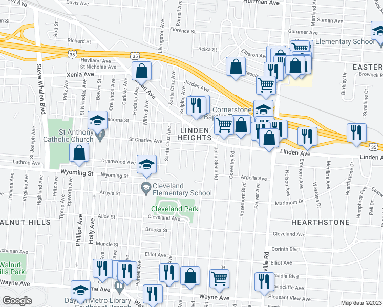 map of restaurants, bars, coffee shops, grocery stores, and more near 817 Alverno Avenue in Dayton