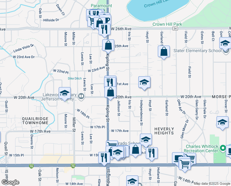 map of restaurants, bars, coffee shops, grocery stores, and more near 9925 West 20th Avenue in Lakewood