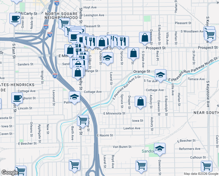 map of restaurants, bars, coffee shops, grocery stores, and more near 1442 Laurel Street in Indianapolis