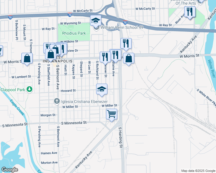 map of restaurants, bars, coffee shops, grocery stores, and more near 1332 Blaine Avenue in Indianapolis