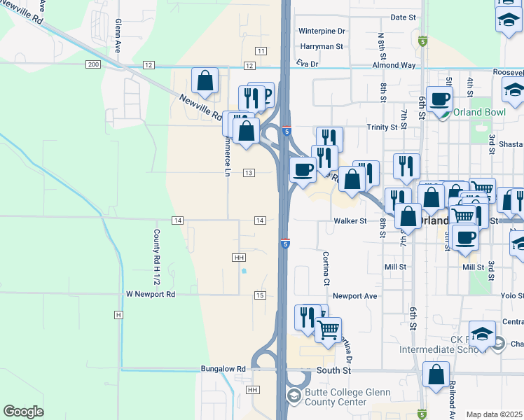 map of restaurants, bars, coffee shops, grocery stores, and more near 6412 County Road 14 in Orland