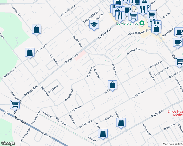 map of restaurants, bars, coffee shops, grocery stores, and more near 848 West Lindo Avenue in Chico