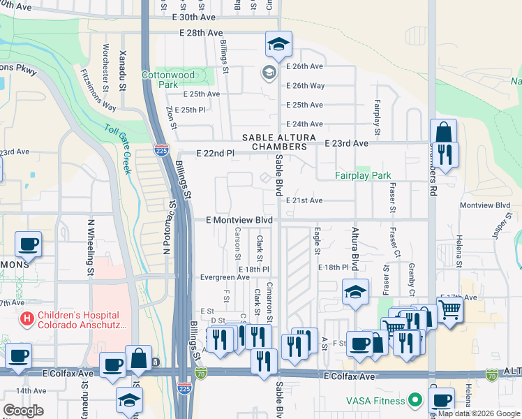 map of restaurants, bars, coffee shops, grocery stores, and more near 14435 East Montview Boulevard in Aurora