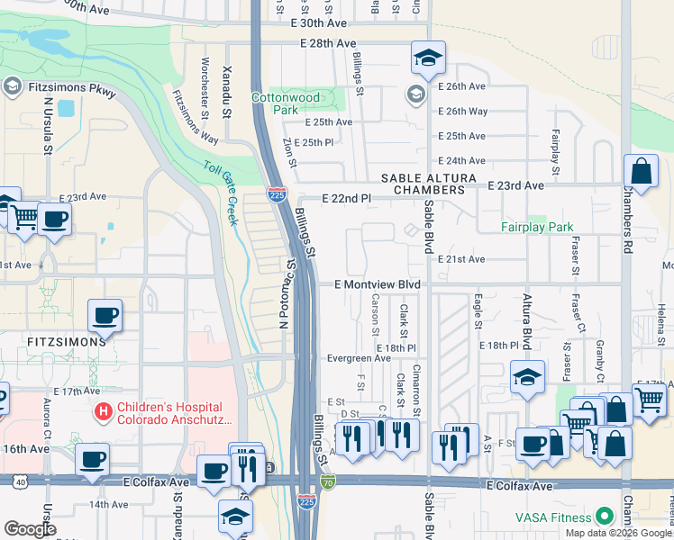 map of restaurants, bars, coffee shops, grocery stores, and more near 2200 Billings Street in Aurora