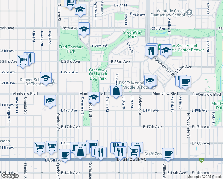 map of restaurants, bars, coffee shops, grocery stores, and more near 7868 East 21st Avenue in Denver