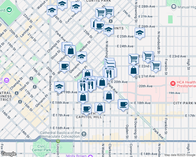 map of restaurants, bars, coffee shops, grocery stores, and more near 2350 Cleveland Place in Denver
