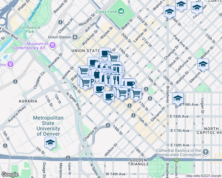 map of restaurants, bars, coffee shops, grocery stores, and more near in Denver