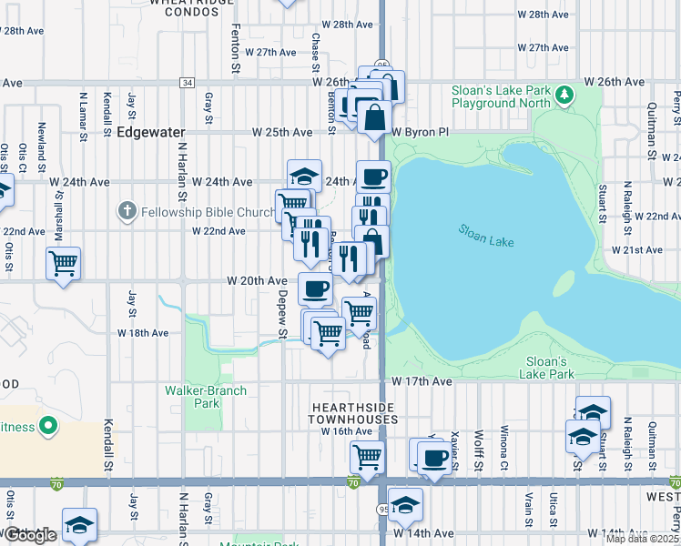 map of restaurants, bars, coffee shops, grocery stores, and more near 2060 Benton Street in Edgewater