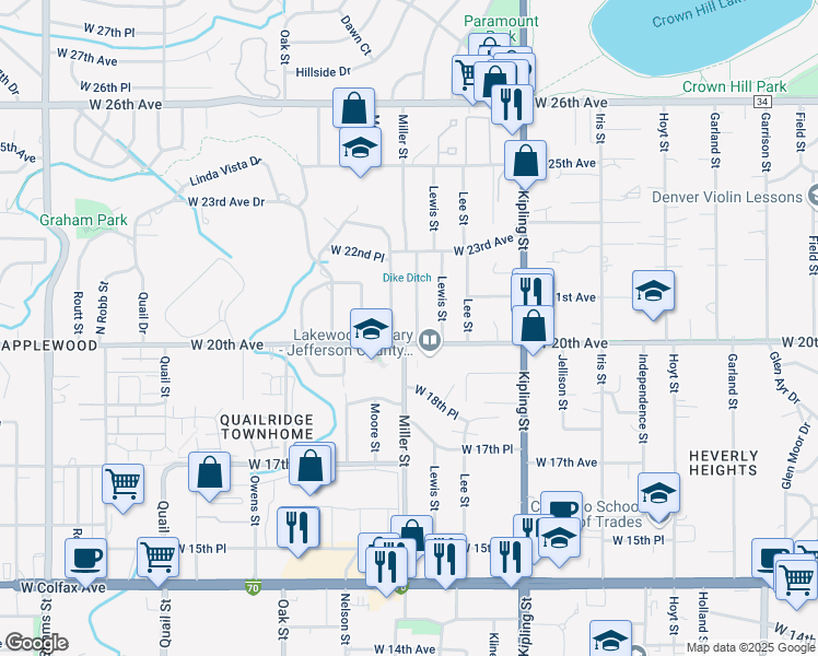 map of restaurants, bars, coffee shops, grocery stores, and more near 2085 Miller Street in Lakewood
