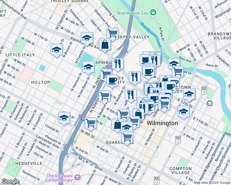 map of restaurants, bars, coffee shops, grocery stores, and more near in Wilmington
