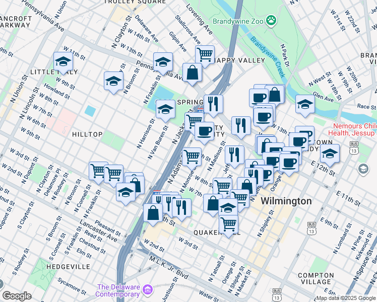 map of restaurants, bars, coffee shops, grocery stores, and more near 829 West 9th Street in Wilmington