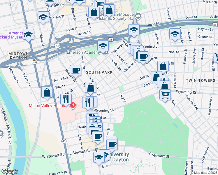 map of restaurants, bars, coffee shops, grocery stores, and more near 14 Johnson Street in Dayton