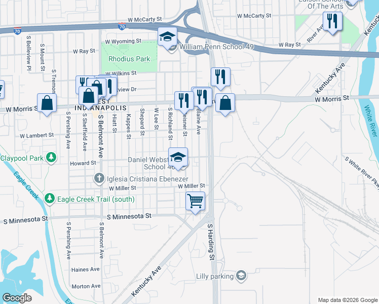 map of restaurants, bars, coffee shops, grocery stores, and more near 1332 Blaine Avenue in Indianapolis