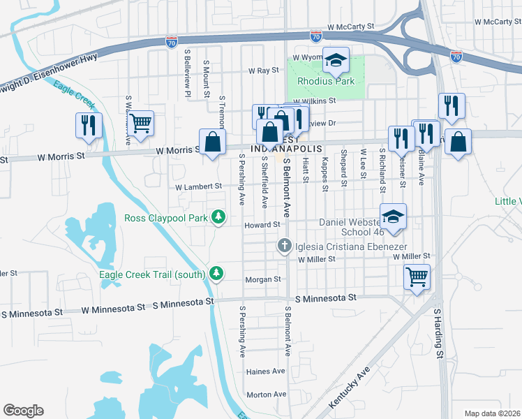 map of restaurants, bars, coffee shops, grocery stores, and more near 1321 South Pershing Avenue in Indianapolis