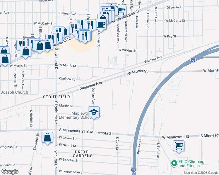 map of restaurants, bars, coffee shops, grocery stores, and more near 4807 Plainfield Avenue in Indianapolis