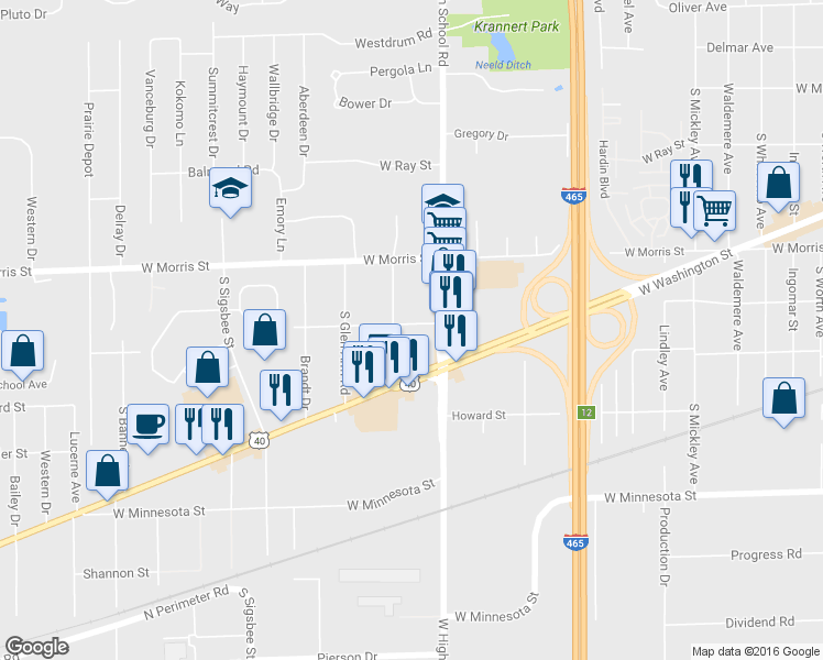 map of restaurants, bars, coffee shops, grocery stores, and more near 6326 Dunn Way in Indianapolis