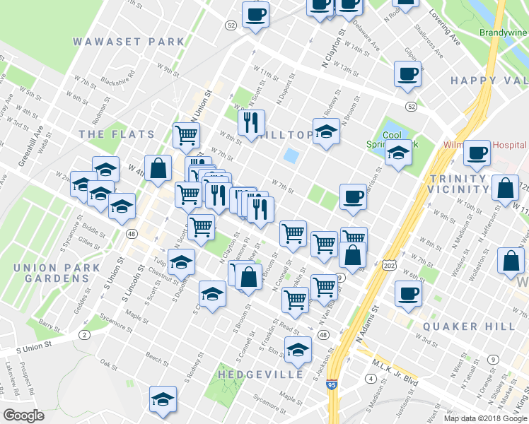 map of restaurants, bars, coffee shops, grocery stores, and more near 506 Delamore Place in Wilmington