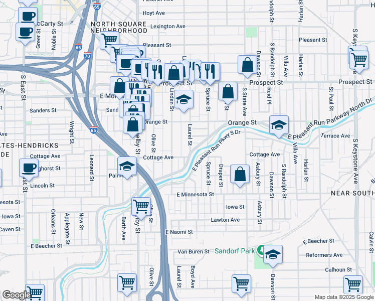 map of restaurants, bars, coffee shops, grocery stores, and more near 1442 Laurel Street in Indianapolis