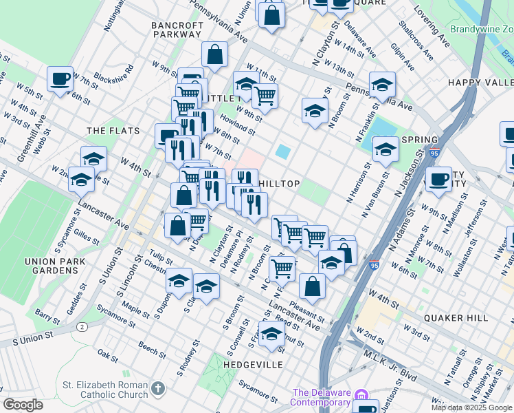 map of restaurants, bars, coffee shops, grocery stores, and more near 506 Delamore Place in Wilmington