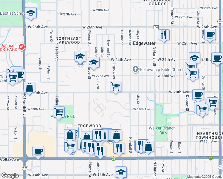 map of restaurants, bars, coffee shops, grocery stores, and more near 2055 Marshall Street in Edgewater