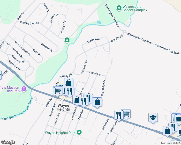 map of restaurants, bars, coffee shops, grocery stores, and more near 11403 North Landis Avenue in Waynesboro