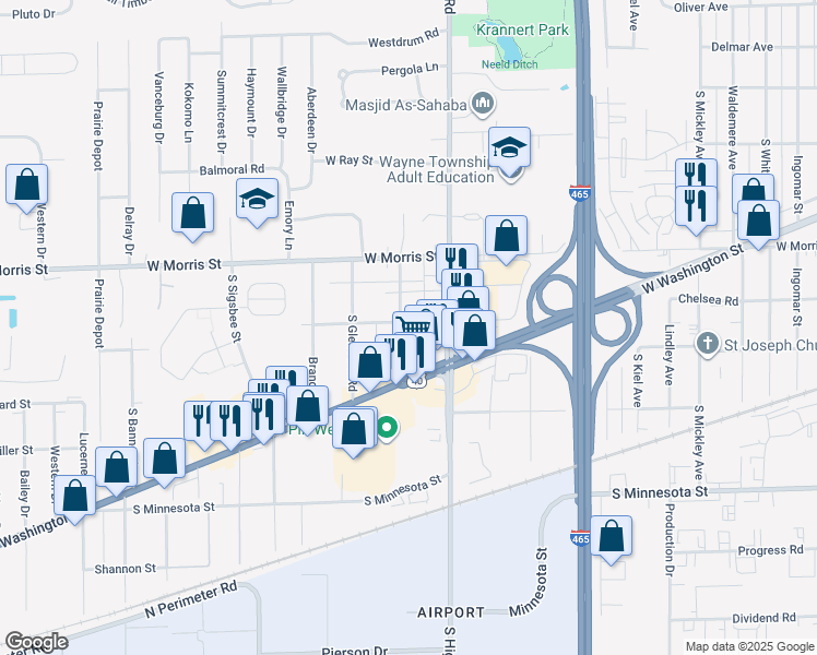 map of restaurants, bars, coffee shops, grocery stores, and more near 6326 Dunn Way in Indianapolis